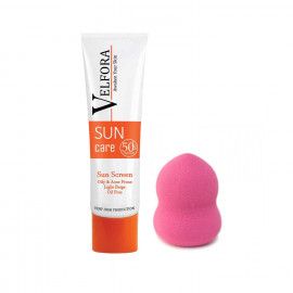 کرم ضد آفتاب ولفرا مدل Oily & Acne prone SPF 50 وزن 40 گرم - بژ روشن به همراه پد آرایشی اسفنجی