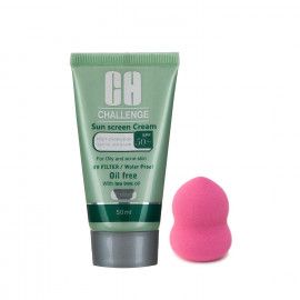 کرم ضد آفتاب چلنج مدل Tinted For Oily And Acne Skin SPF50 حجم 50 میلی لیتر - رنگی به همراه پد آرایشی اسفنجی